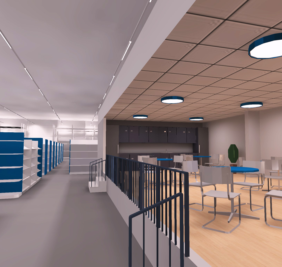 Dialux-kuva myymälästä ja kahviosta